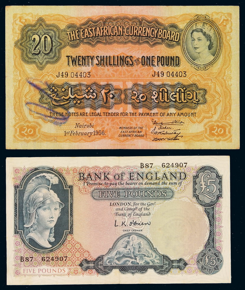 6年英属东非纸币一磅一枚;英国银行纸币五磅